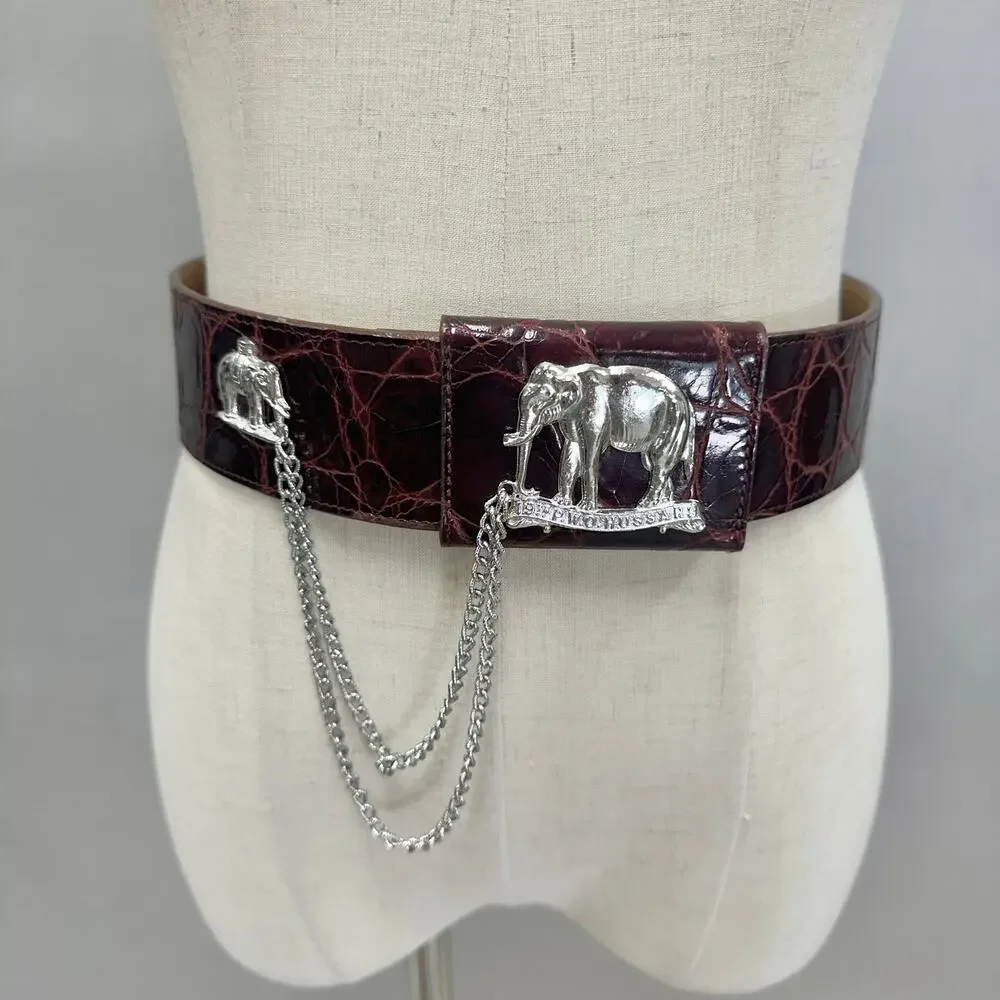 Catherine‎ Carson burgundy leather strap belt silver elephant & drop chain small